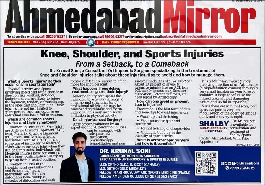 Dr. Krunal Soni - Best Knee, Should, and Sports Injuries Article in Newspaper Ahmedabad Mirror